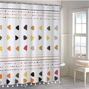 Shower Curtain with Tassels, Geometric Striped Bathroom Curtain with Tassels